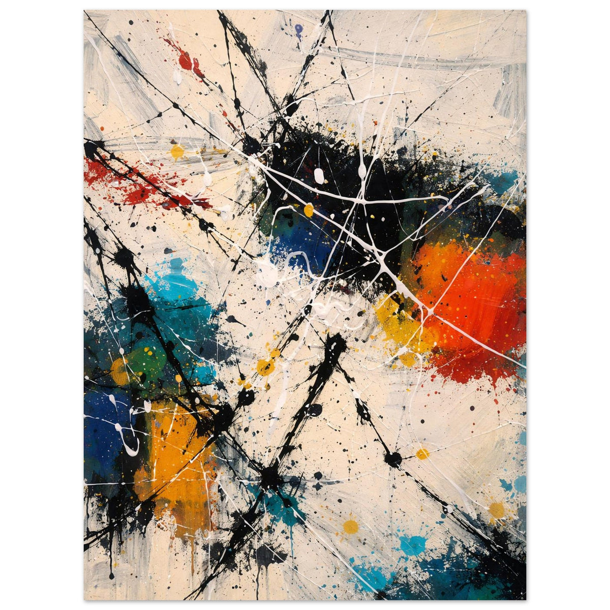 Detail of the matte paper surface with fine black spatter and layered color marks
