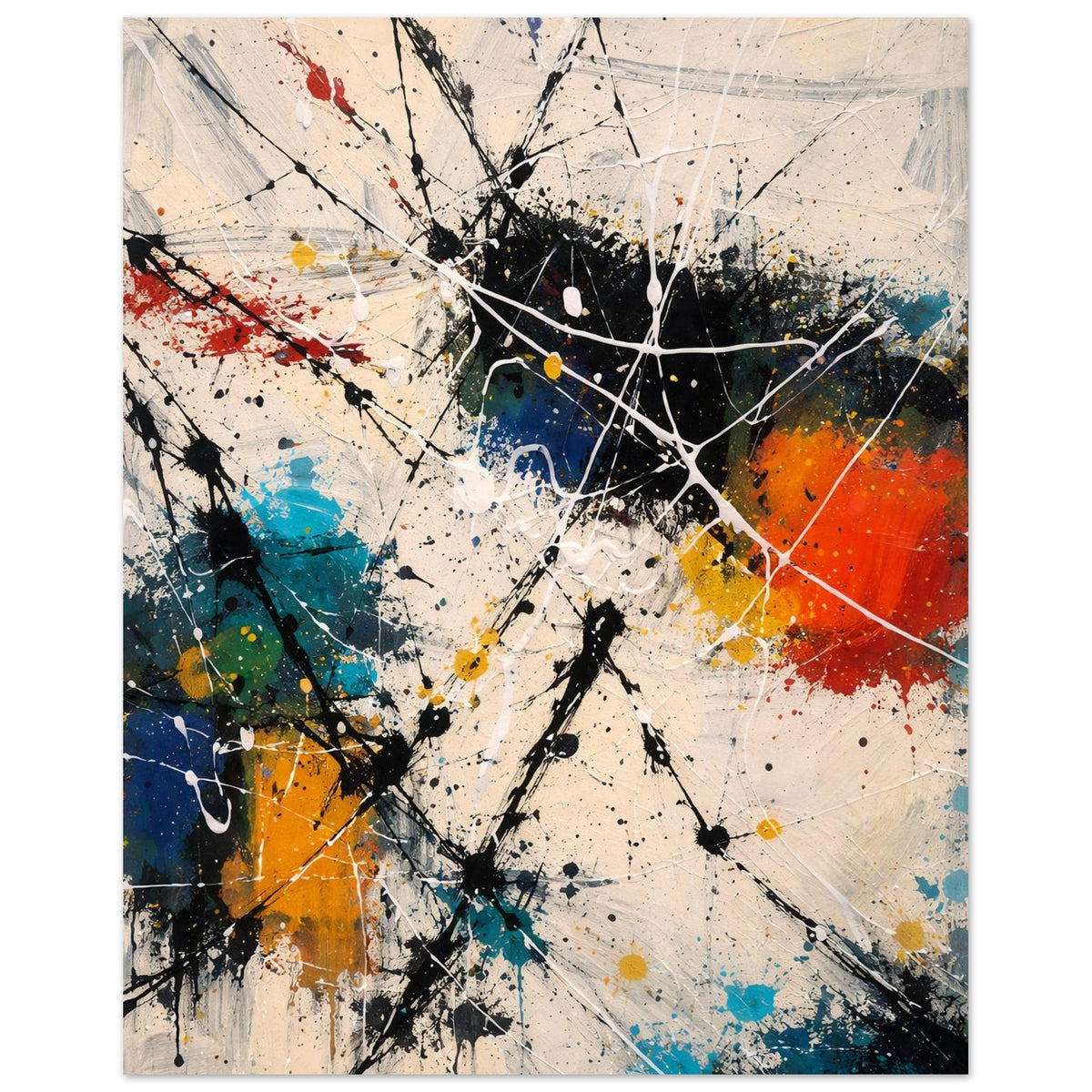Full composition of the abstract art poster with intersecting black lines and bright color accents