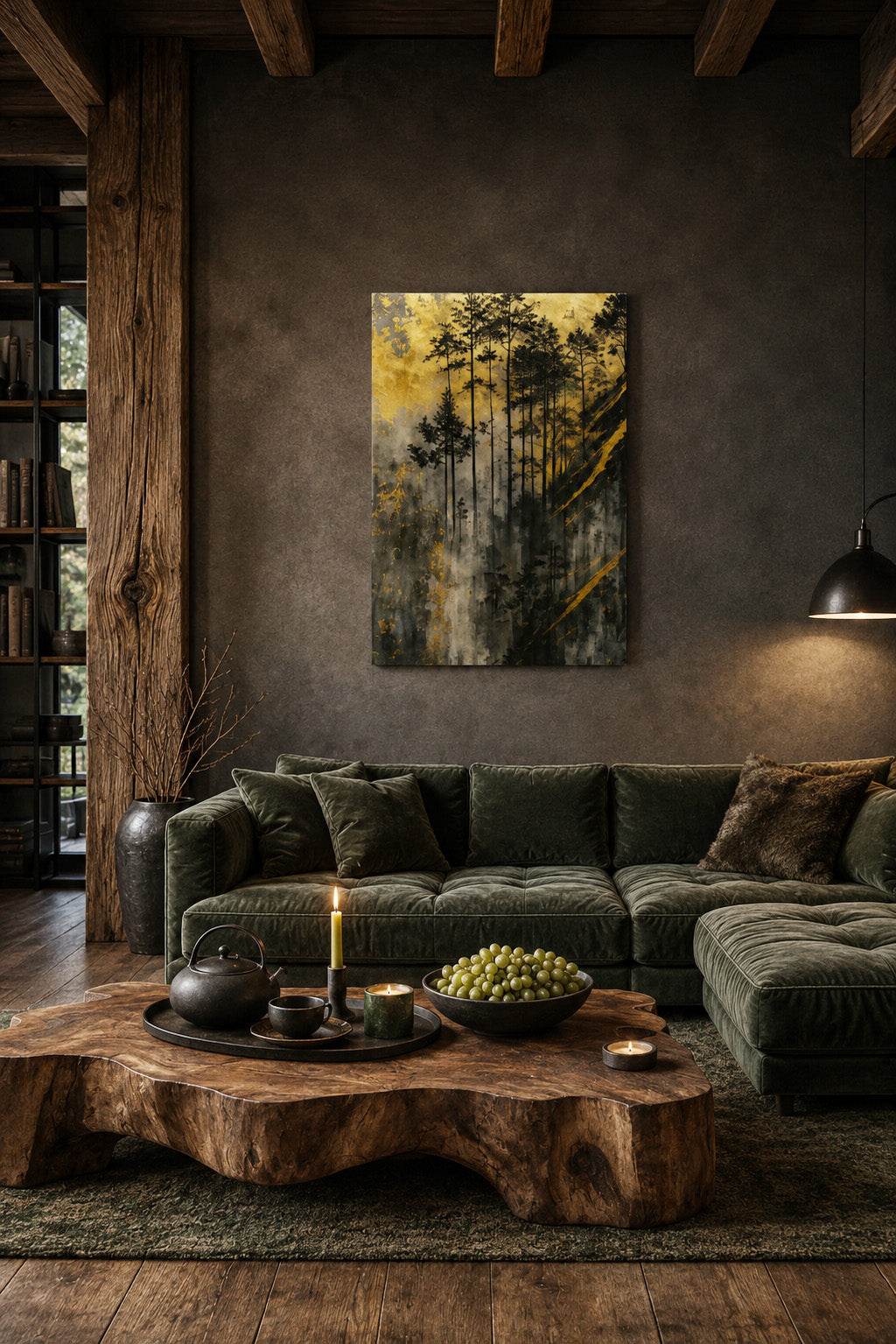 Gold forest wall art in a dark luxury living room with charcoal textured walls, deep green sofa and rustic wood table.