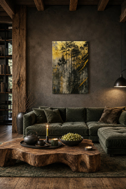 Gold forest wall art in a dark luxury living room with charcoal textured walls, deep green sofa and rustic wood table.