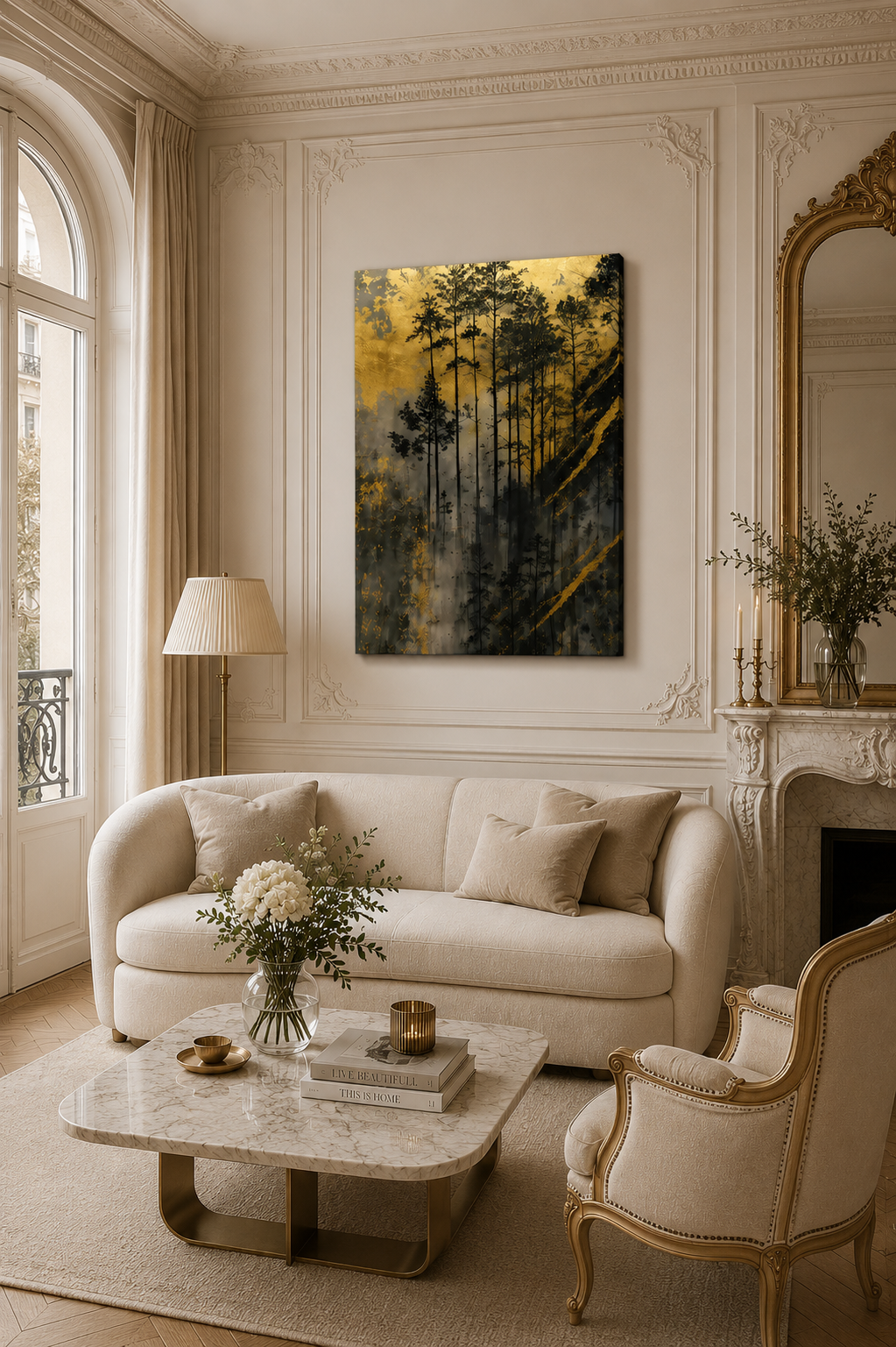 Elegant French style living room featuring gold forest canvas wall art above cream sofa with classic molding details.