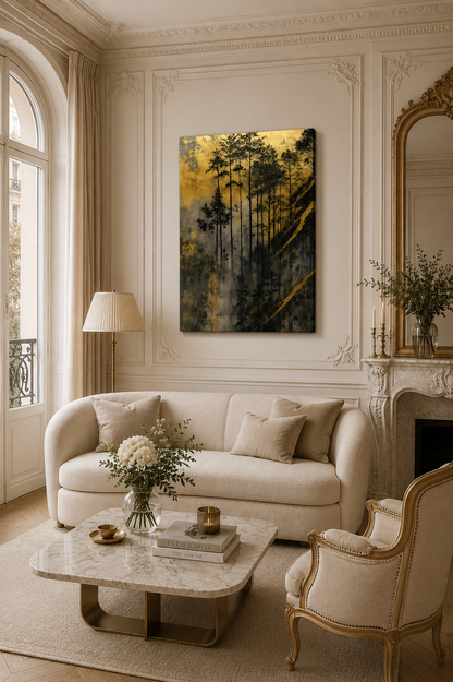 Elegant French style living room featuring gold forest canvas wall art above cream sofa with classic molding details.