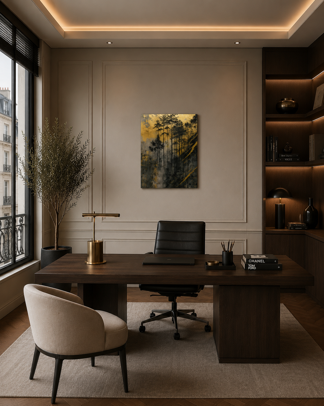 Gold forest canvas wall art displayed in a luxury modern home office with dark wood desk and elegant shelving.