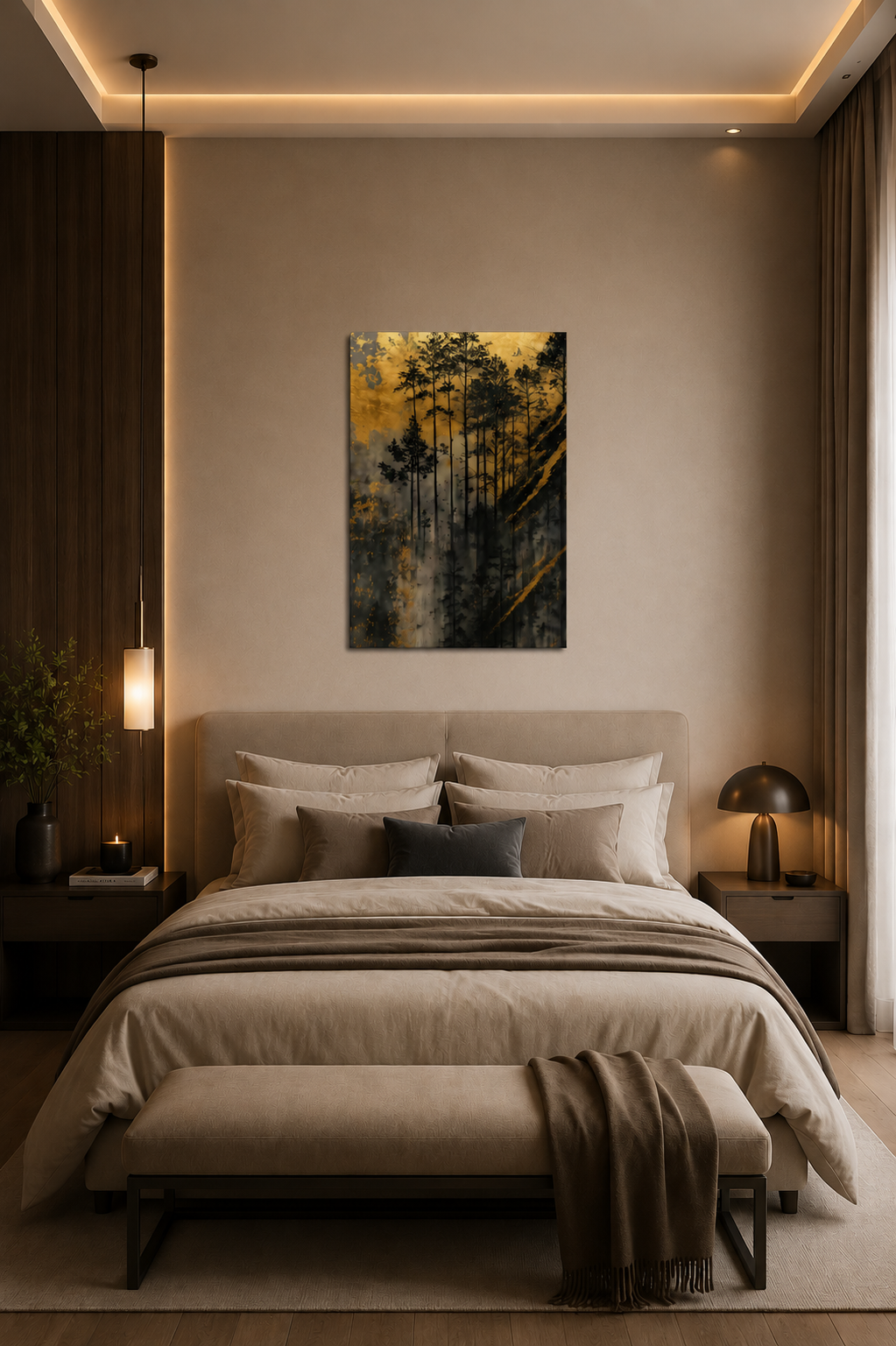 Gold woodland canvas print above bed in a modern bedroom with neutral bedding, warm lighting and elegant interior styling.