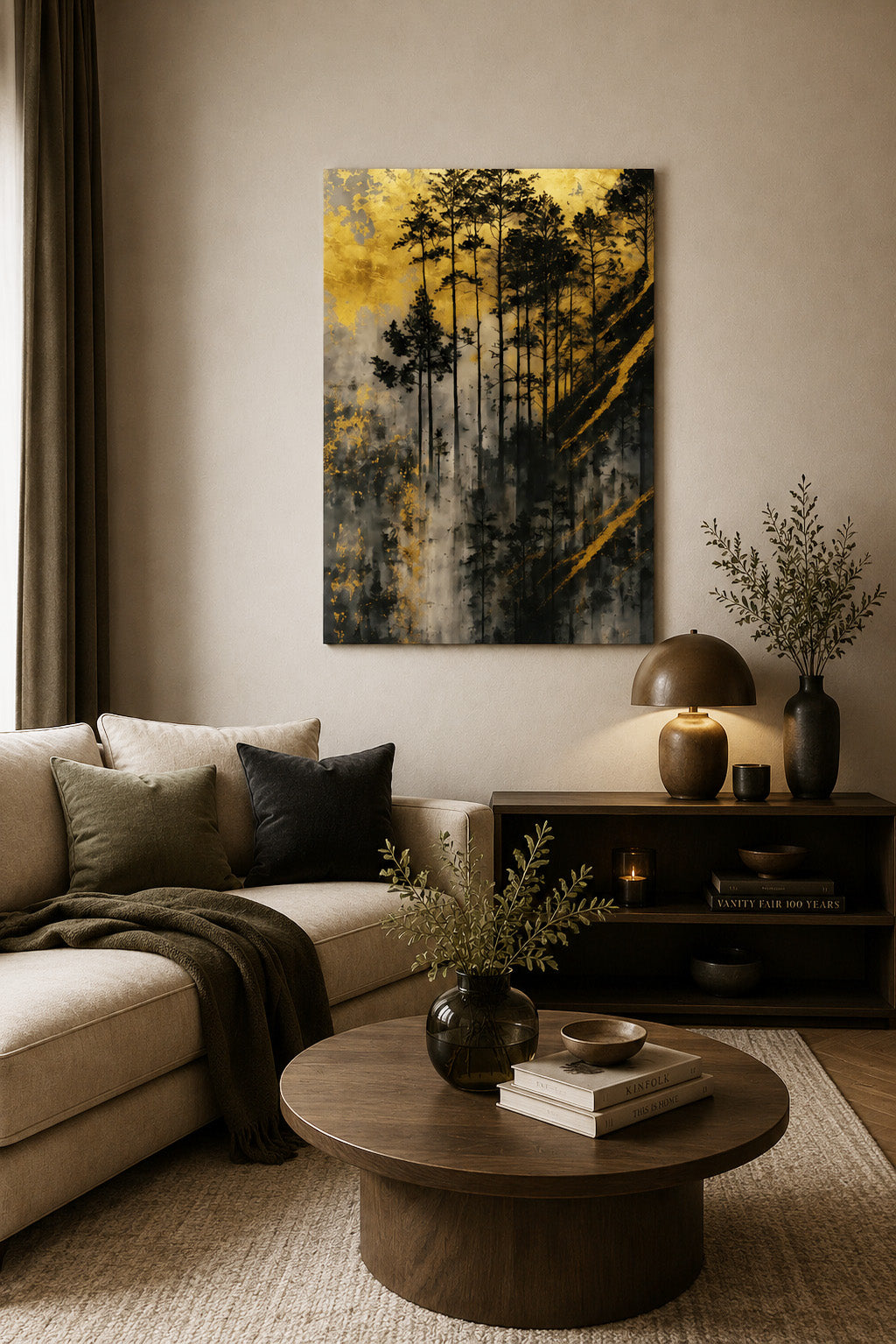 Gold forest canvas wall art displayed in a modern neutral living room with beige sectional sofa, wooden coffee table and warm minimalist decor.