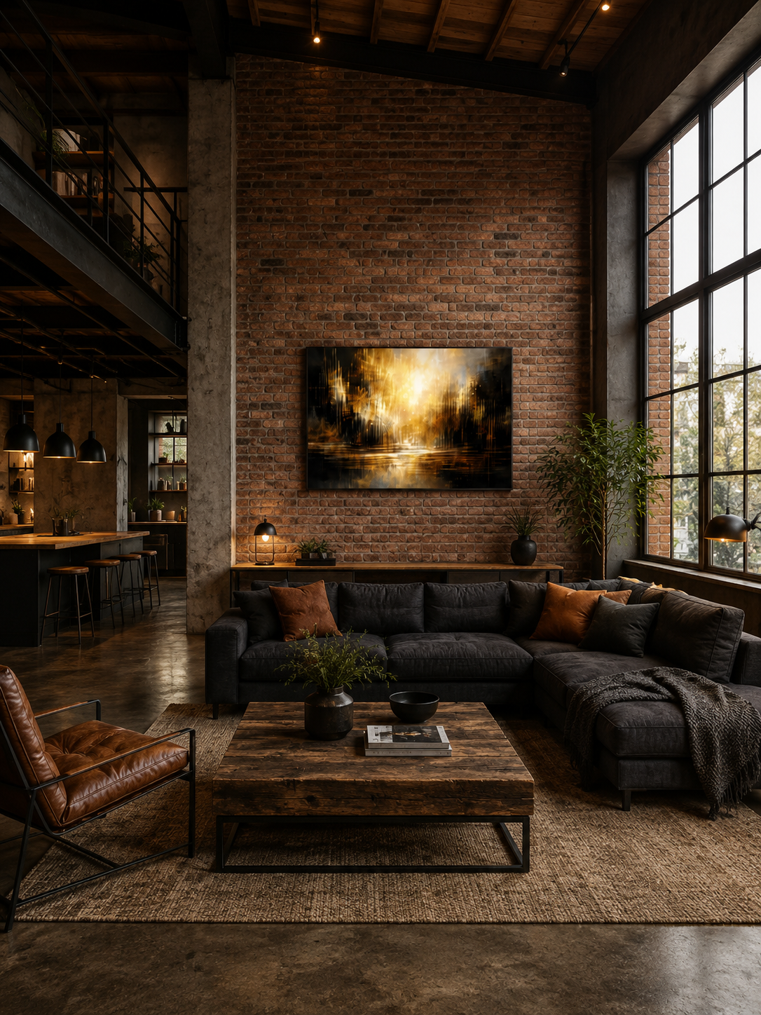 Amber Stillness abstract landscape wall art with dark brown frame displayed in a spacious industrial loft with exposed brick walls, large windows and rustic wood furniture.
