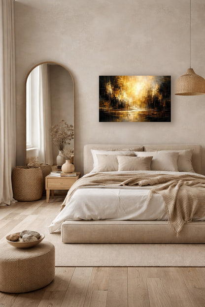 Golden abstract wall art poster above bed in warm neutral bedroom interior