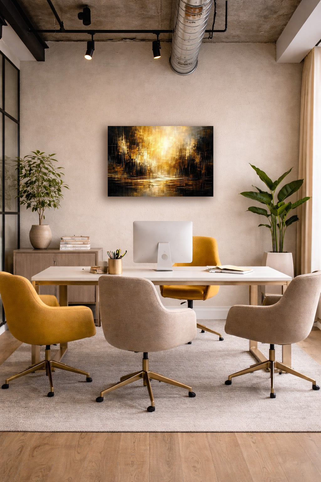 Golden abstract wall art poster above desk in modern home office with mustard accent chairs