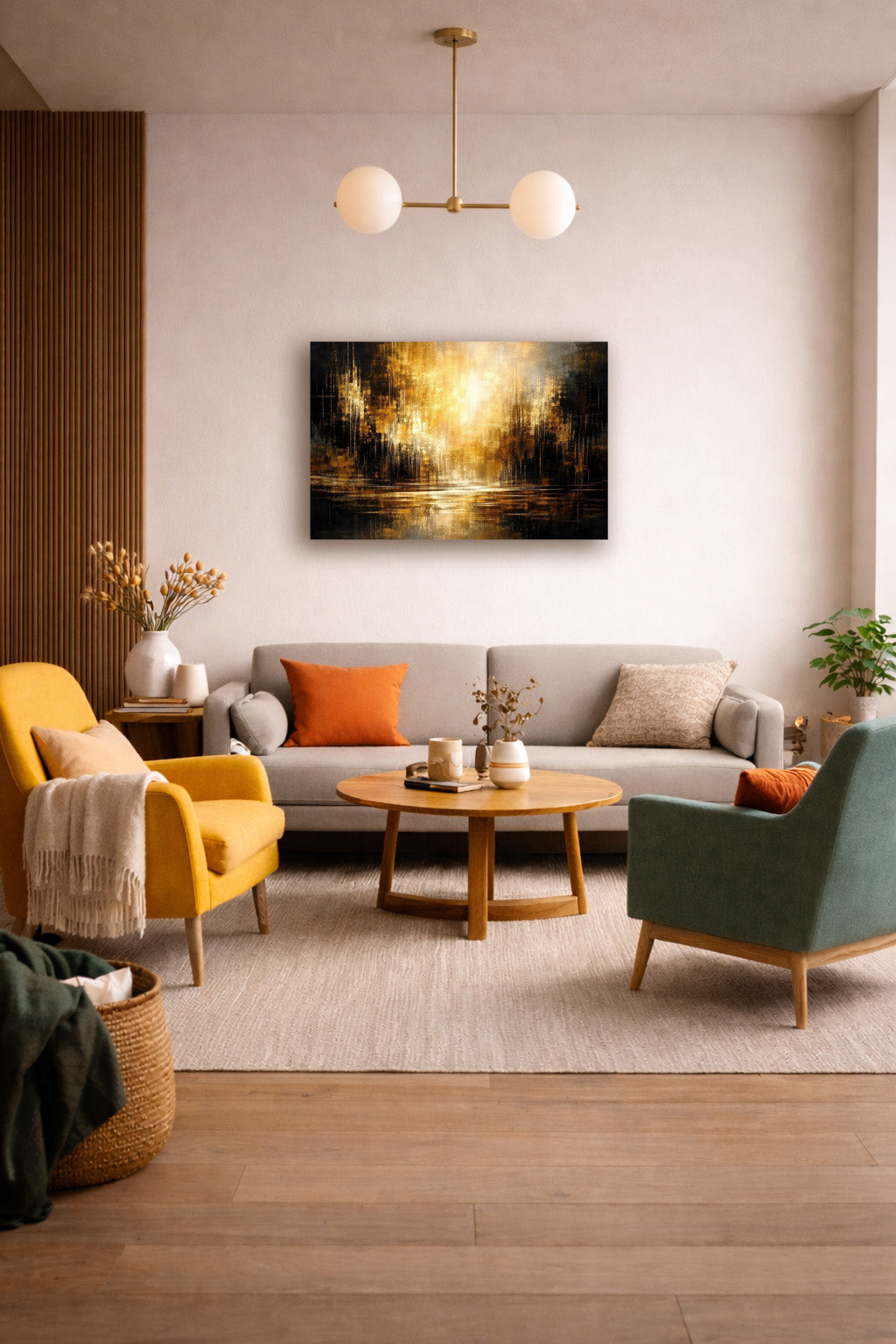 Golden abstract wall art poster in bright modern living room with colorful accent chairs