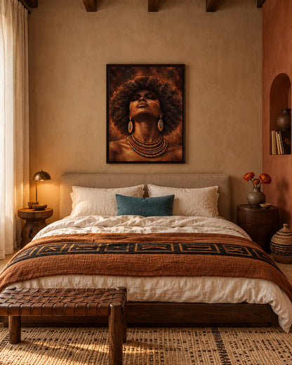 Golden Aura framed canvas above a bed in an African-inspired bedroom