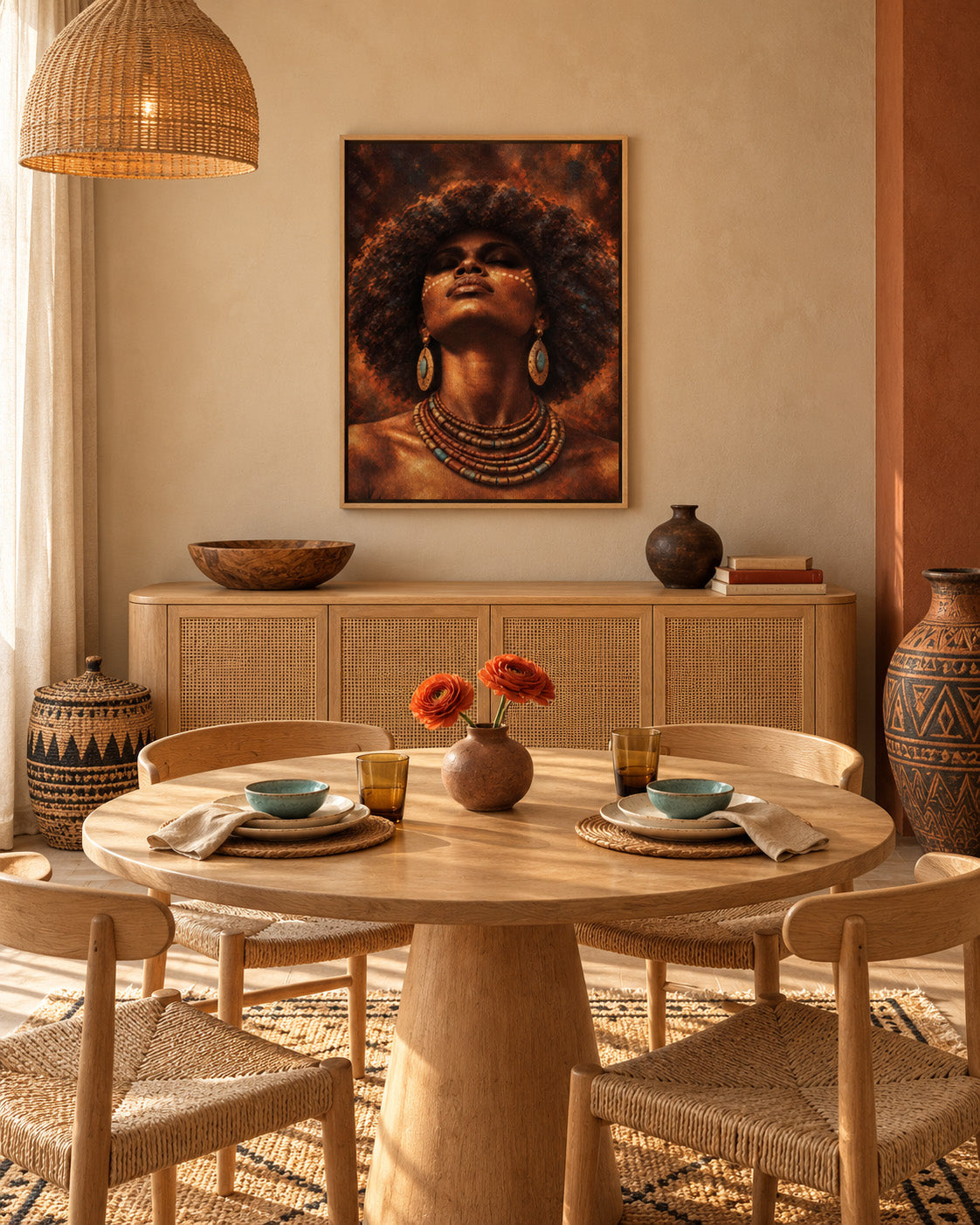 Golden Aura framed canvas wall art in a dining room with round wooden table