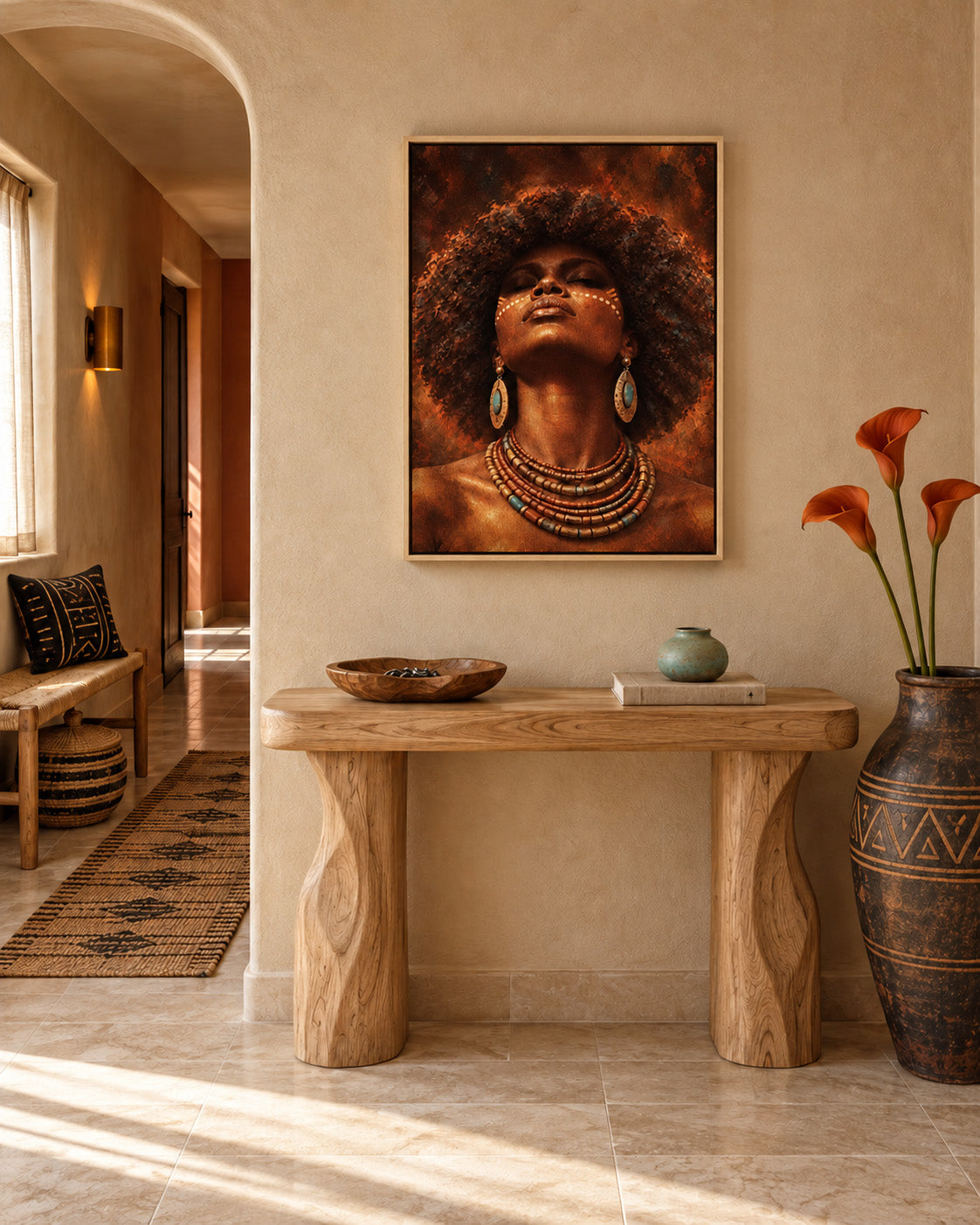 Framed African portrait canvas above a wooden console in a warm entryway