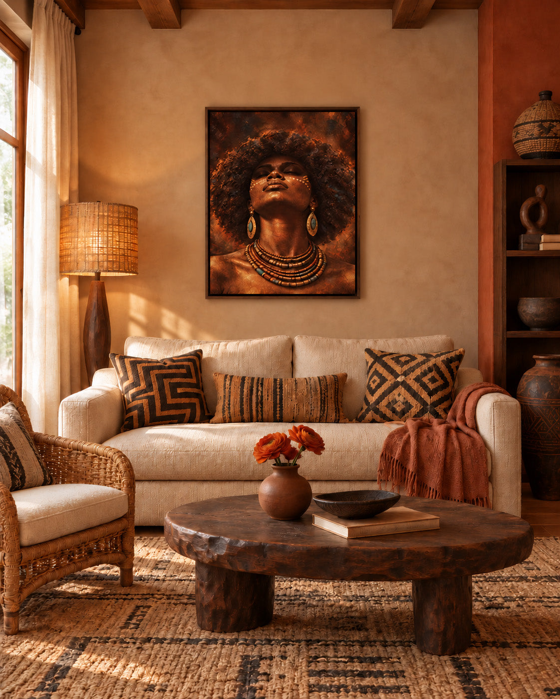 Framed African woman portrait canvas above a cream sofa in a warm living room