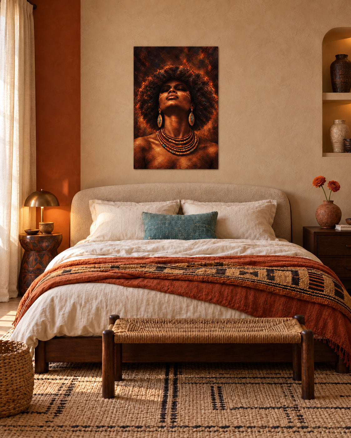 Golden Aura portrait poster above a bed in a warm African-inspired bedroom