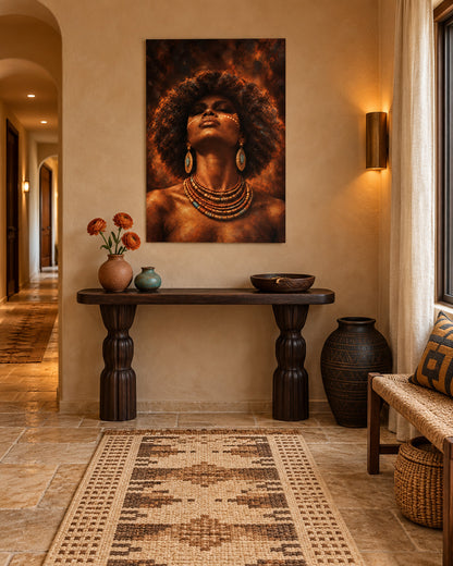 African portrait wall art poster above a console table in a warm hallway