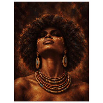 African woman portrait poster print with beaded necklace and turquoise earrings