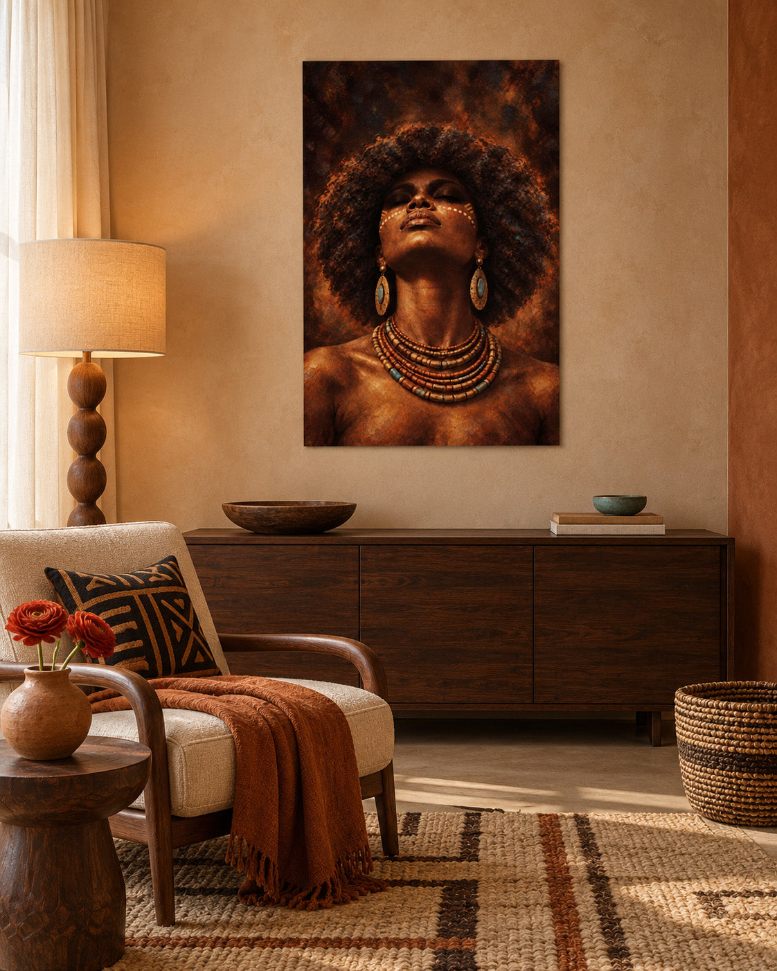 African woman portrait poster above a sideboard in a cosy reading nook