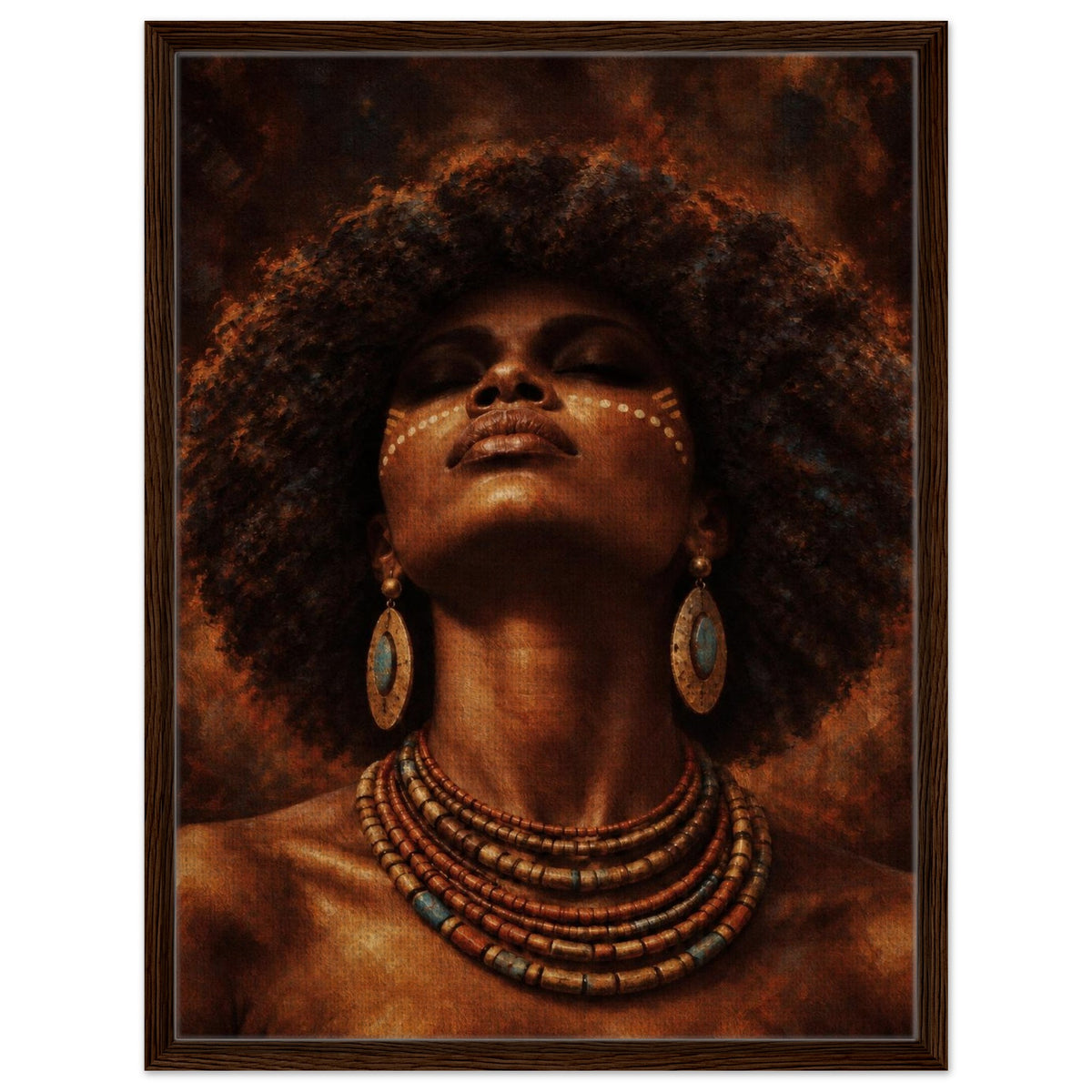 Golden Aura African woman portrait framed canvas wall art in a dark wood frame