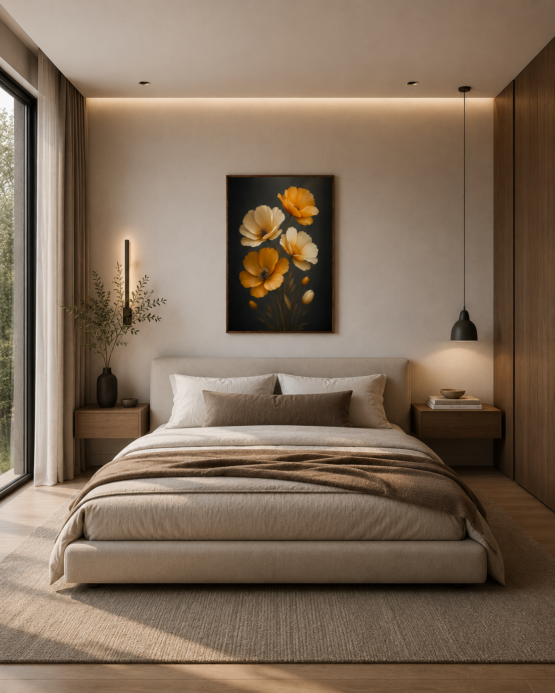Golden Bloom floral wall art with dark wood frame displayed above bed in a contemporary minimalist bedroom interior