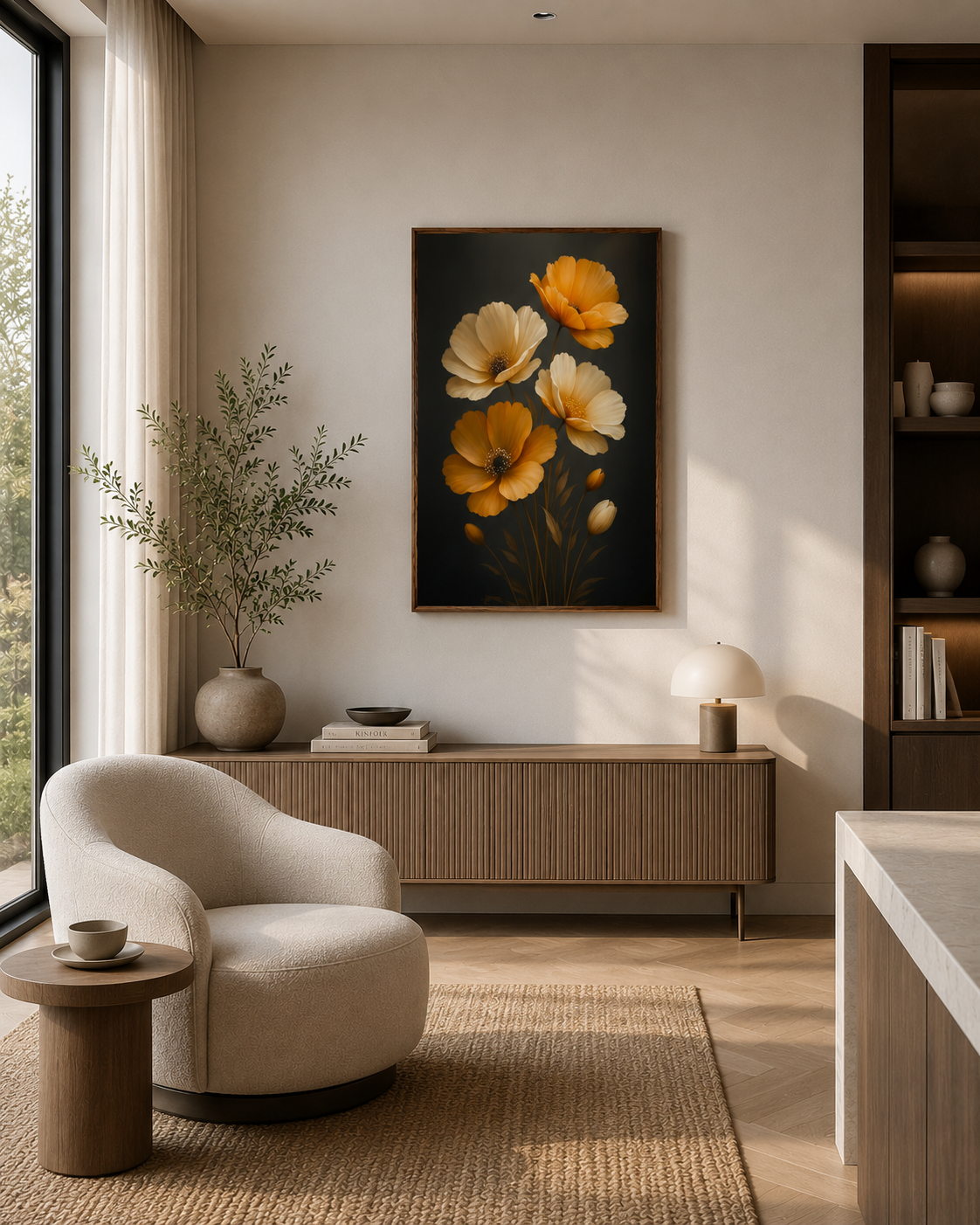 Golden Bloom floral wall art with dark wood frame displayed in a modern lounge space with soft neutral interior and natural light