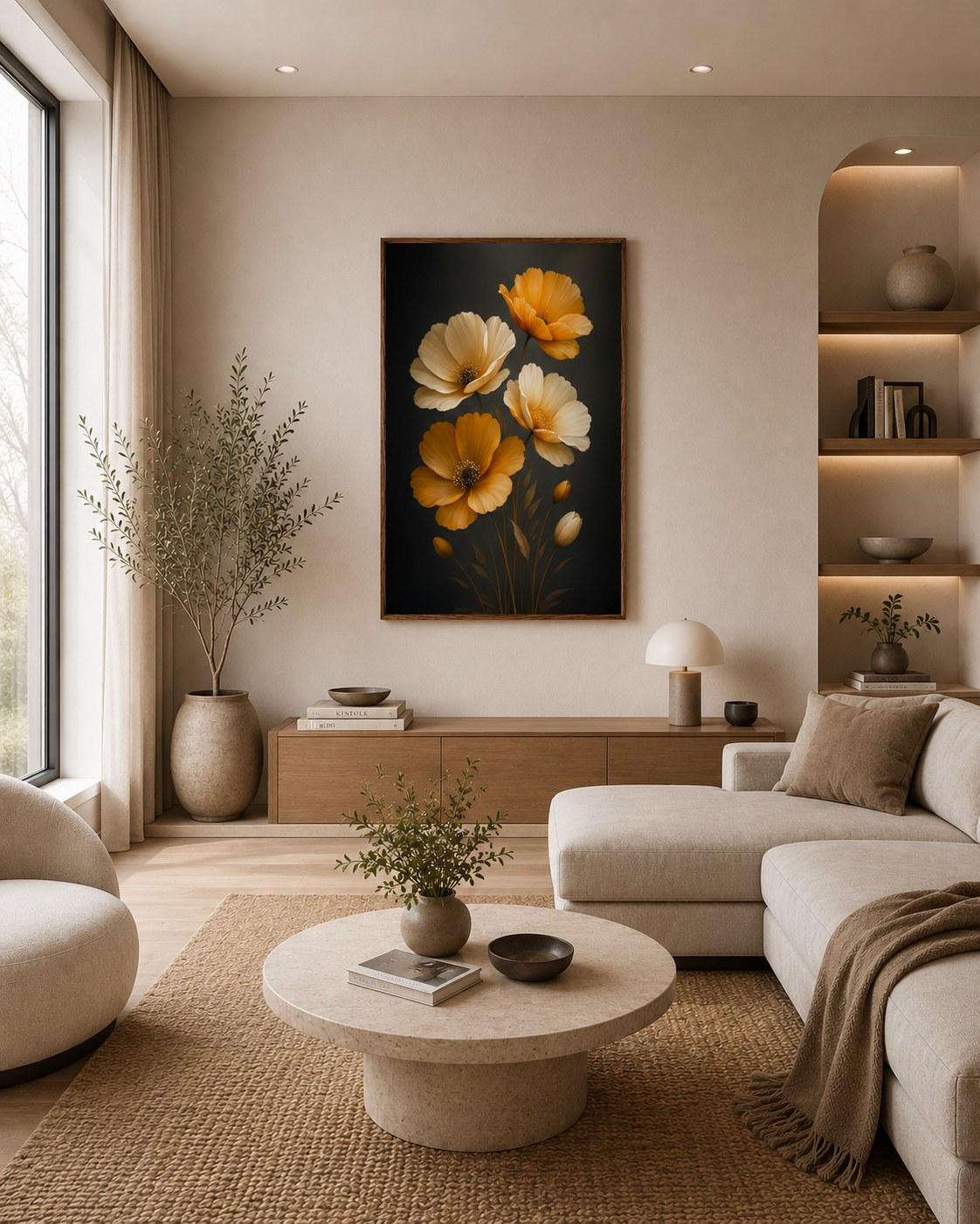 Golden Bloom floral wall art with dark wood frame displayed in a bright modern living room with neutral decor and soft natural textures