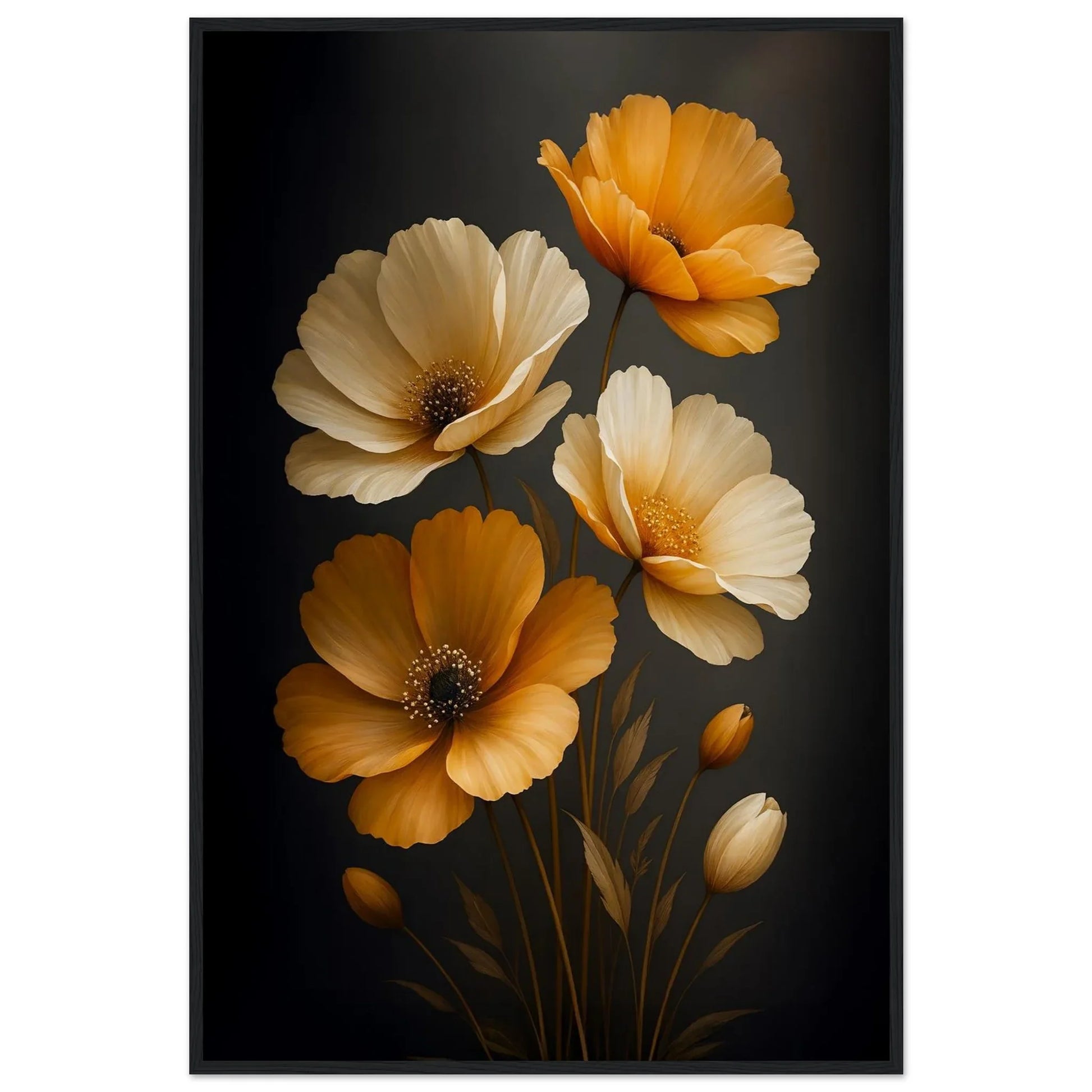 Golden Bloom floral framed wall art in a black frame, cream and amber cosmos blossoms on a dark background