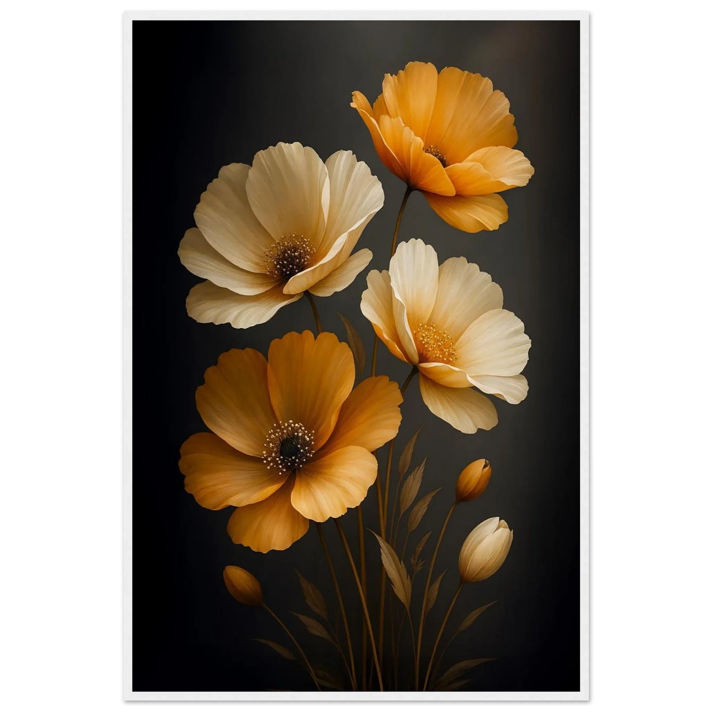 Golden Bloom framed print in a white frame in warm cream, amber and charcoal tones
