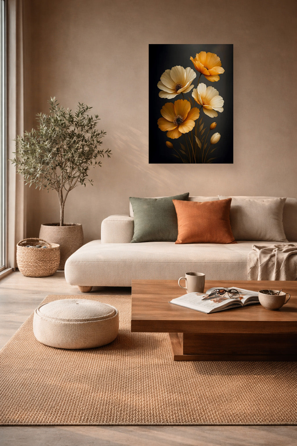 Golden Bloom poster in a cosy neutral living room with a beige sofa and wooden coffee table