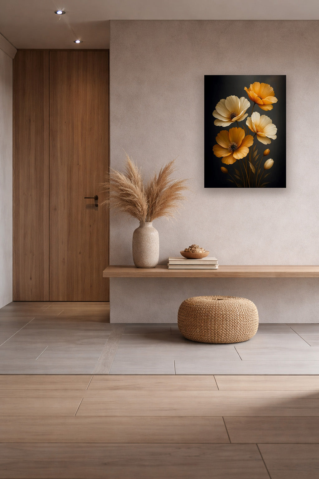 Golden Bloom poster in a minimalist entryway with a wooden bench and neutral tones