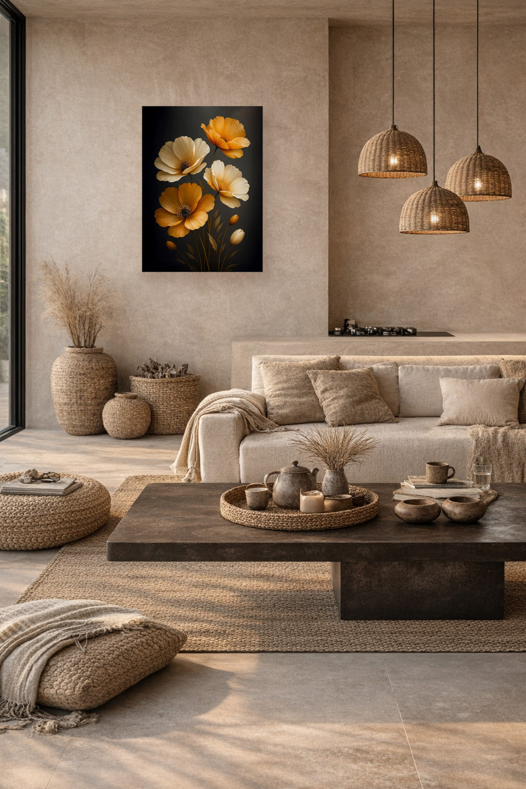 Golden Bloom poster in a contemporary beige lounge with a low table and floor cushions