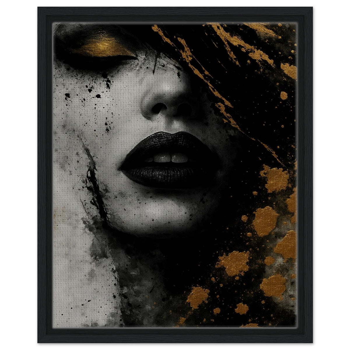 Golden Eclipse black, grey and gold abstract portrait framed canvas in a black frame