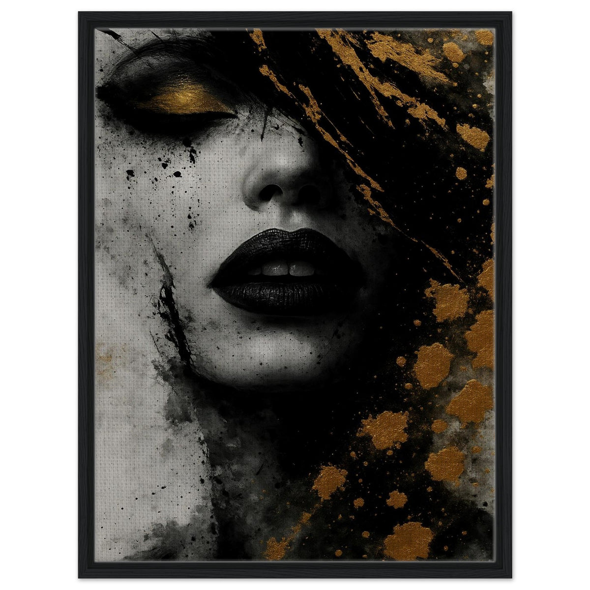 Golden Eclipse black, grey and gold abstract portrait framed canvas in a black frame