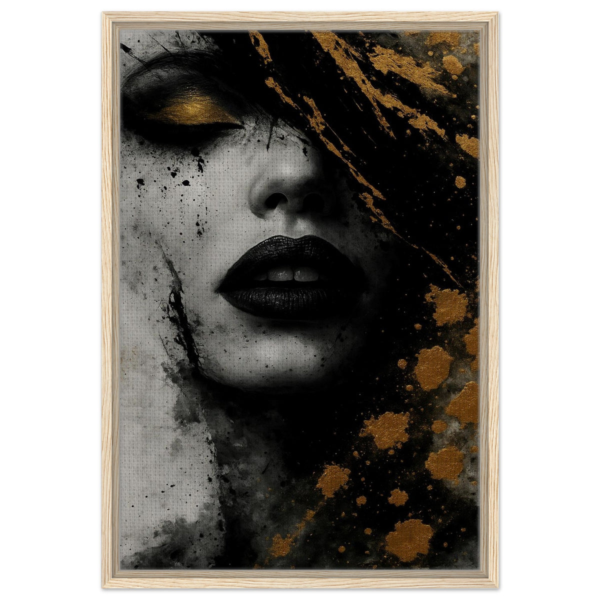 Golden Eclipse black and gold abstract portrait wall art in a natural wood frame