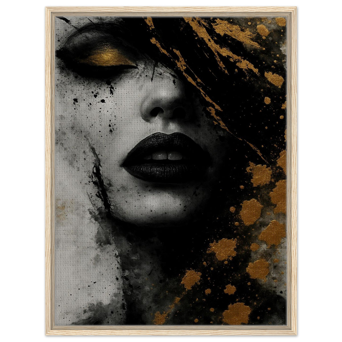 Golden Eclipse black, grey and gold abstract portrait framed canvas in a natural wood frame