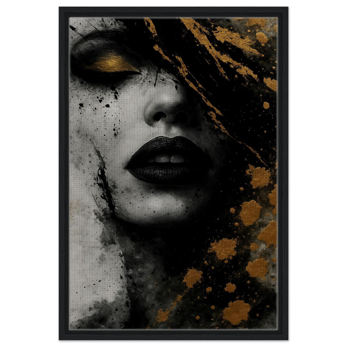Golden Eclipse black and gold abstract portrait canvas in a black frame