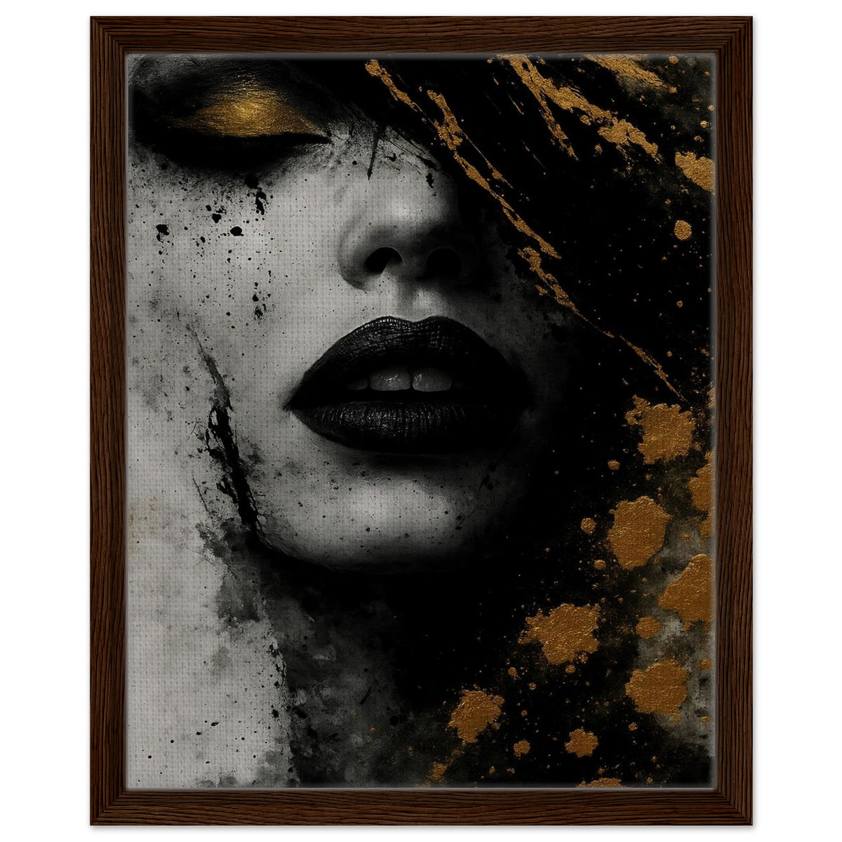 Golden Eclipse abstract portrait wall art with gold details in a brown wood frame