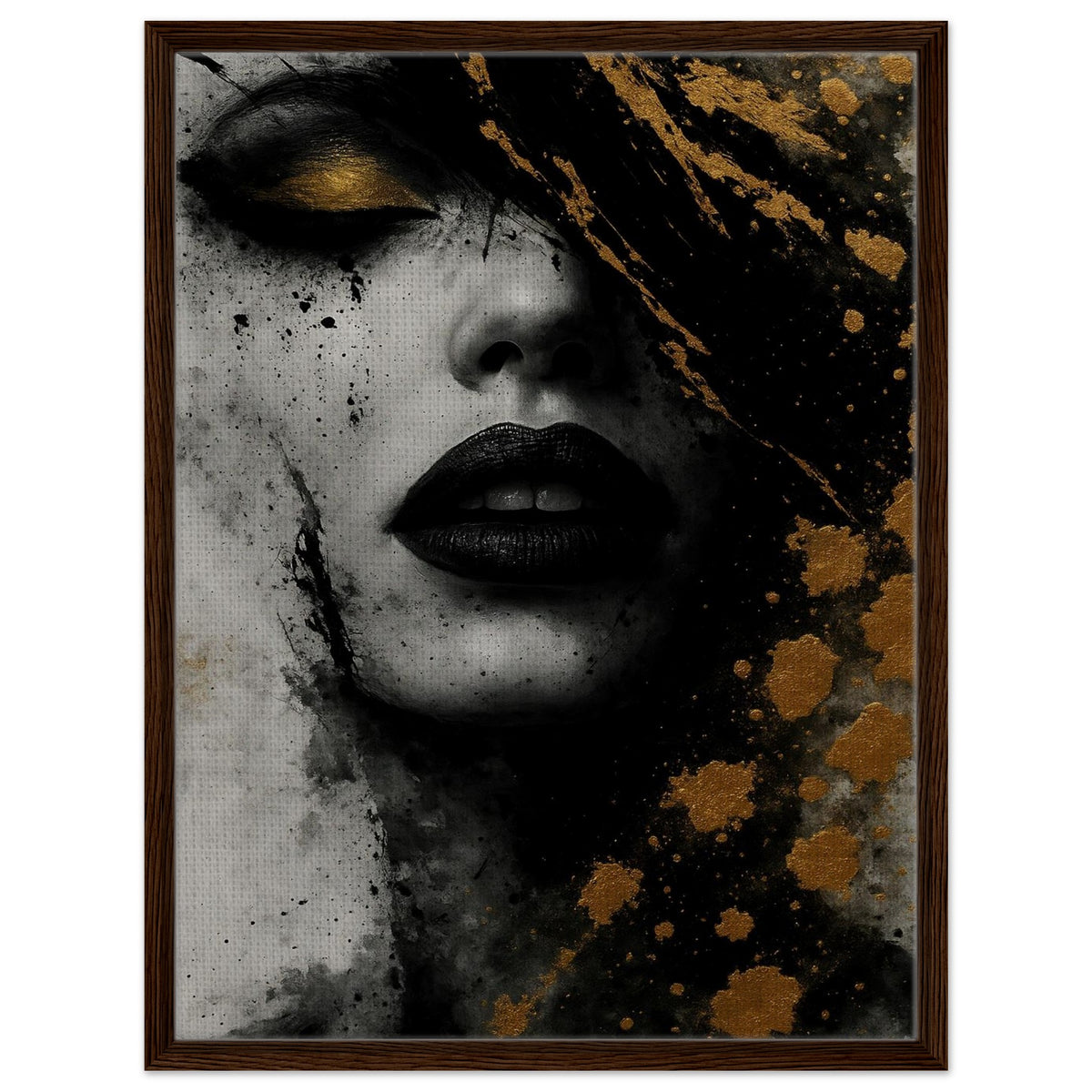 Golden Eclipse black, grey and gold abstract portrait canvas in a dark brown wood frame