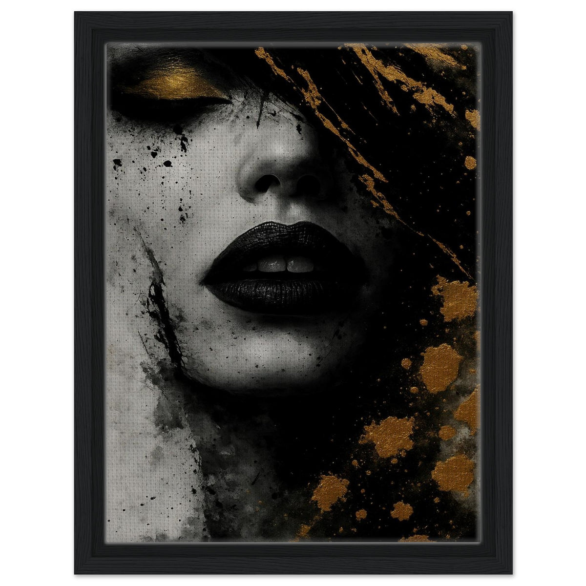 Golden Eclipse black and gold abstract portrait canvas in a dark wood frame