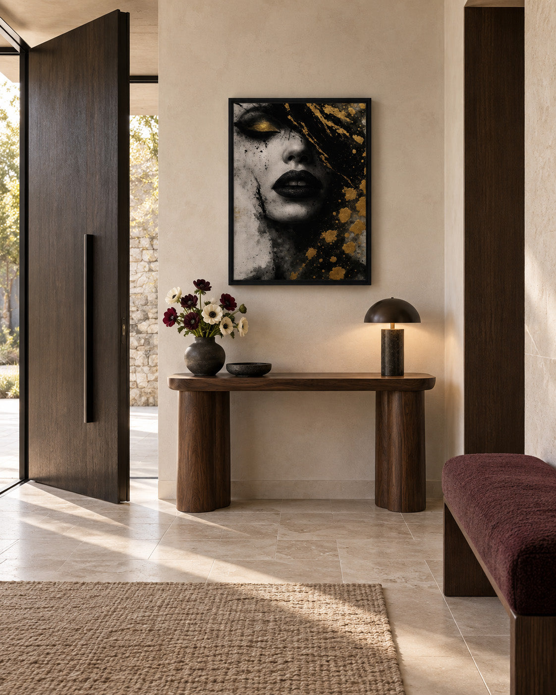 Golden Eclipse abstract portrait framed canvas displayed above a console in an elegant entryway