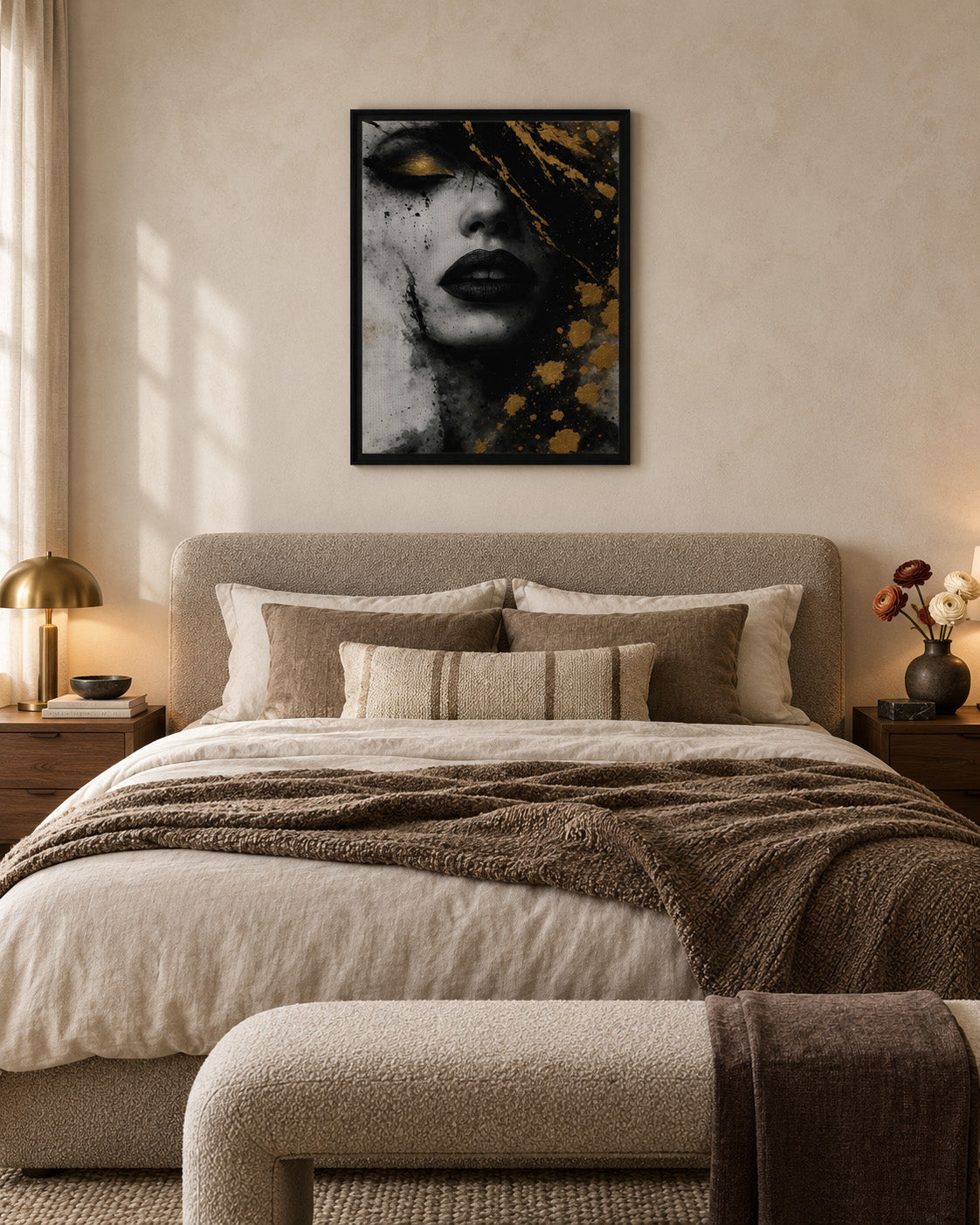 Golden Eclipse abstract portrait framed canvas displayed above a bed in a warm modern bedroom