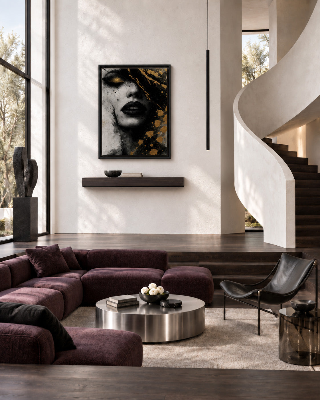 Golden Eclipse abstract portrait framed canvas displayed above a sofa in a modern living room