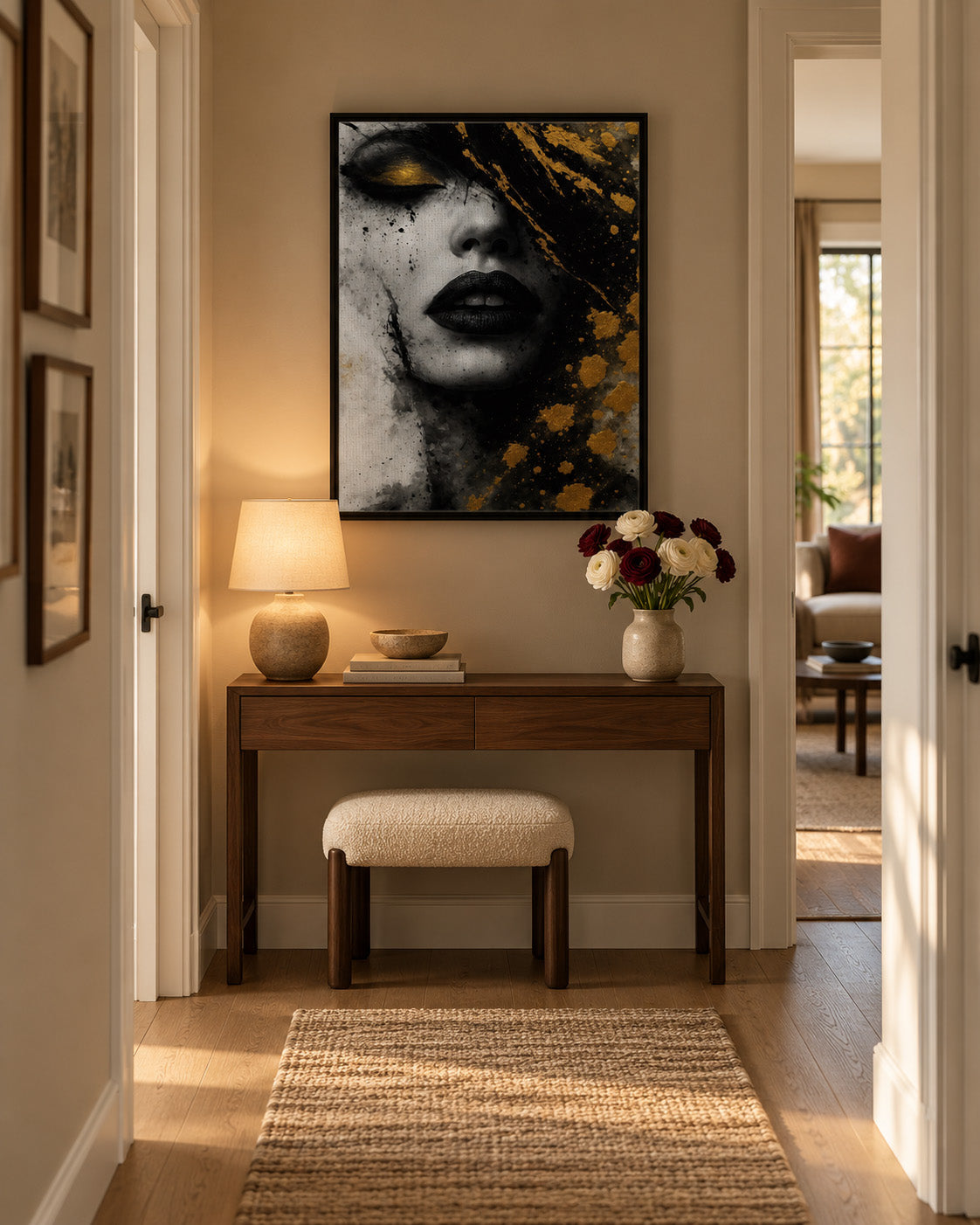 Golden Eclipse abstract portrait framed canvas displayed above a console in a warm modern interior
