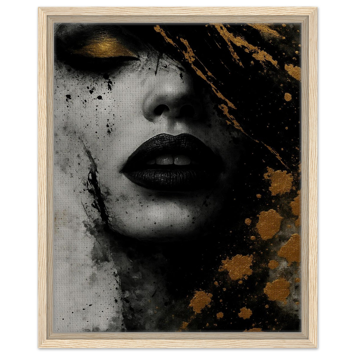 Golden Eclipse abstract female portrait wall art in a slim black frame