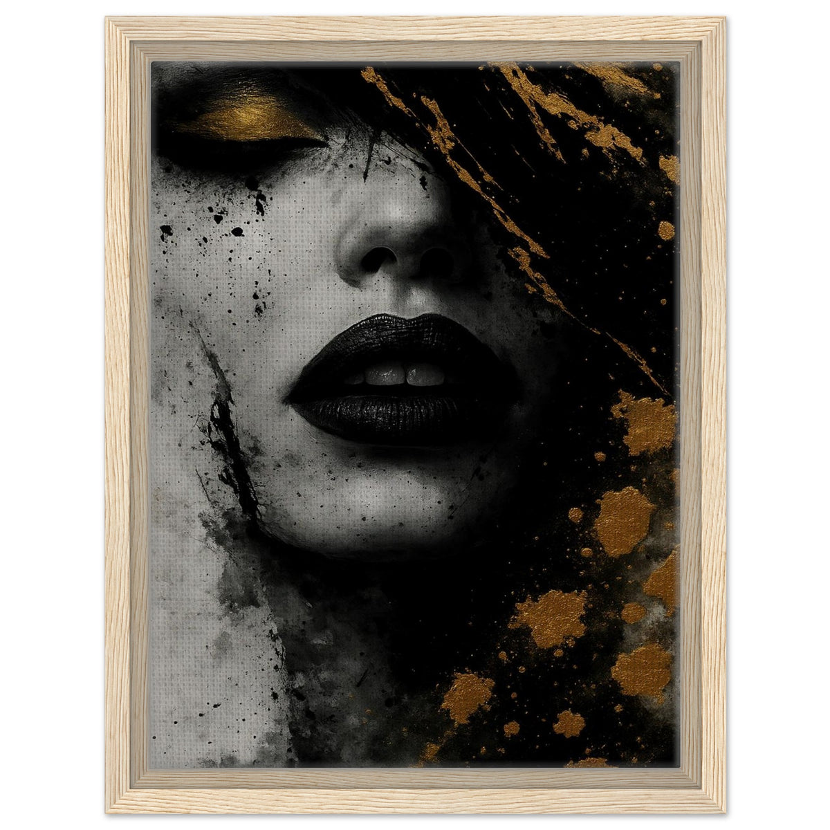Golden Eclipse abstract female portrait framed canvas in a dark brown wood frame