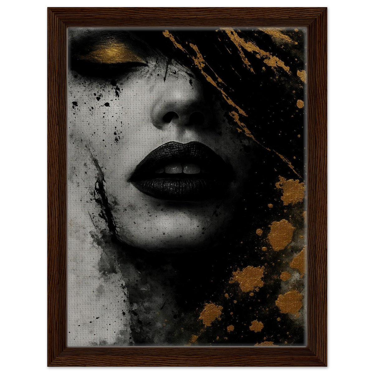 Golden Eclipse abstract female portrait framed canvas in a light natural wood frame