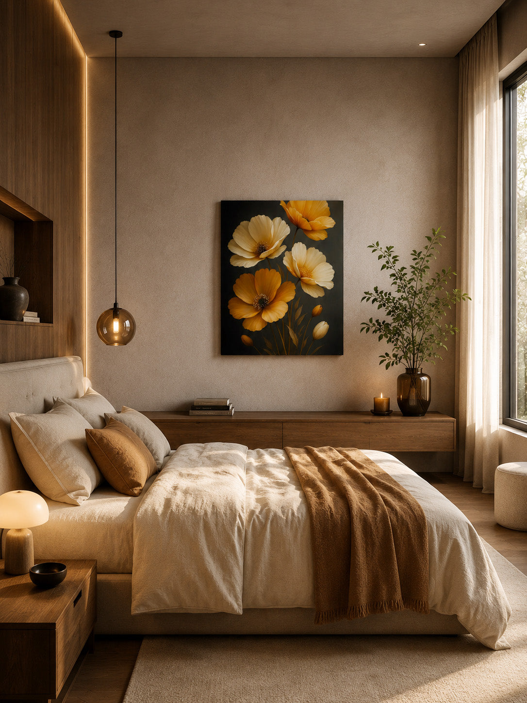 Golden floral canvas wall art in a warm modern minimalist bedroom
