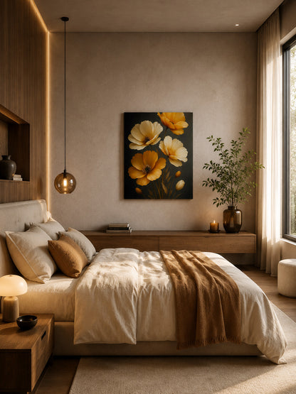 Golden floral canvas wall art in a warm modern minimalist bedroom