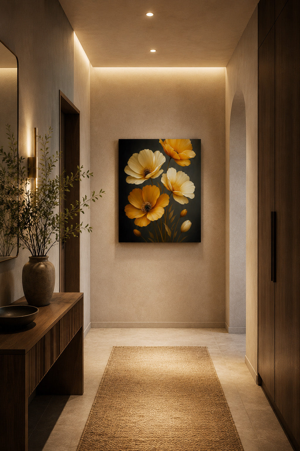 Golden floral canvas wall art displayed in a modern neutral hallway