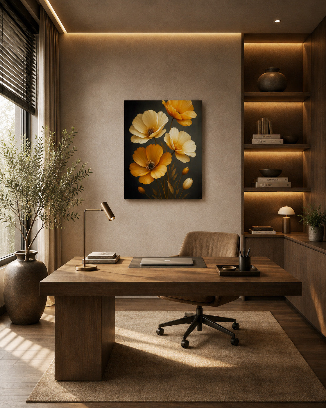 Golden floral canvas wall art in a warm contemporary home office