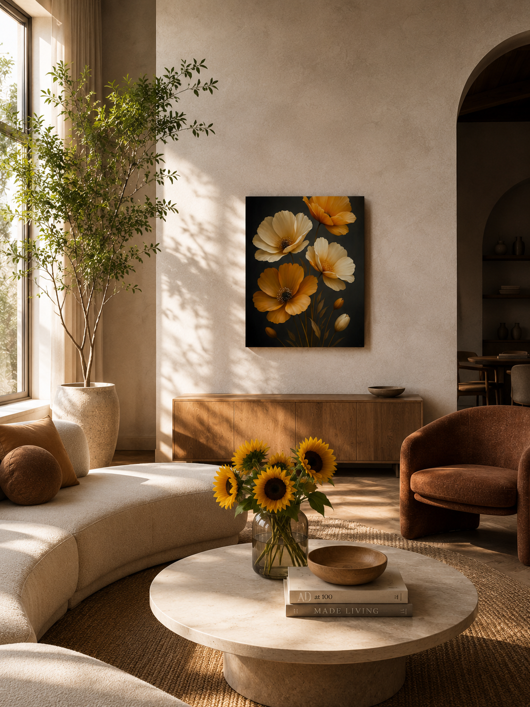 Golden floral canvas wall art styled in a warm sunlit modern living room